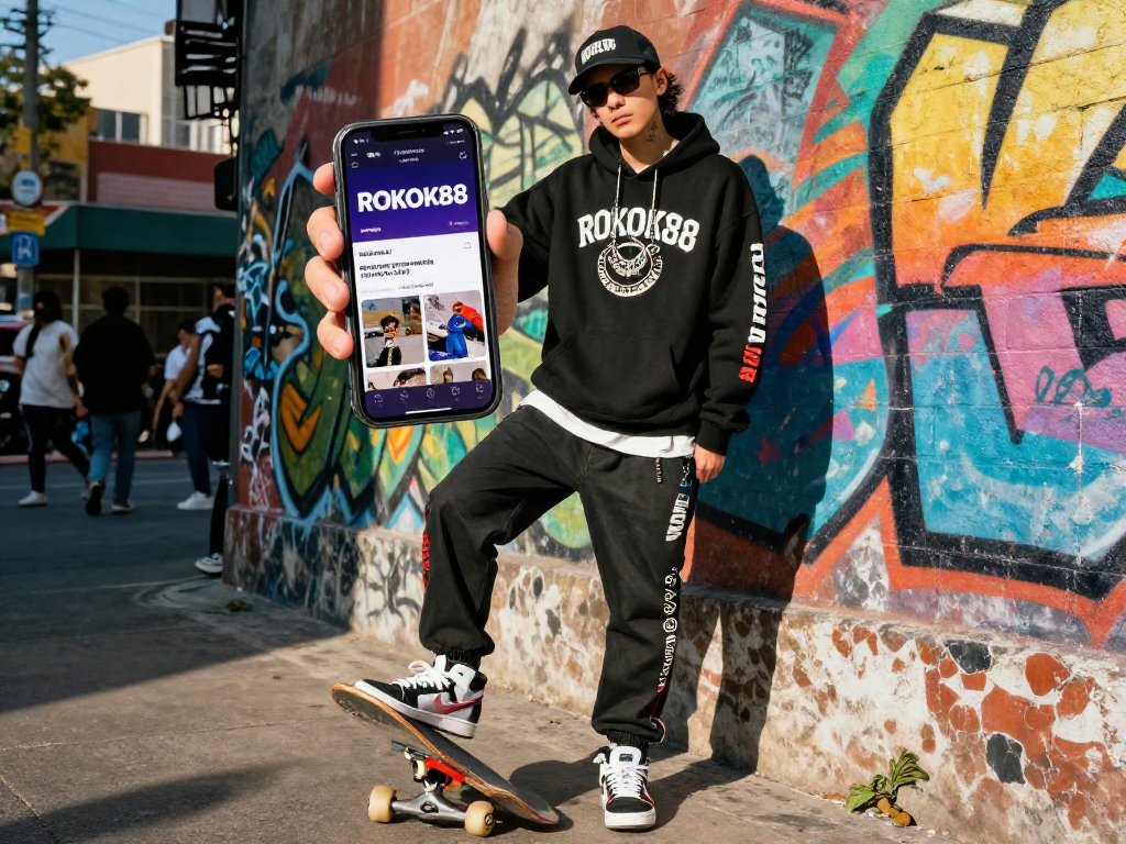Youth showcasing trendy rokok88 merchandise in an urban setting