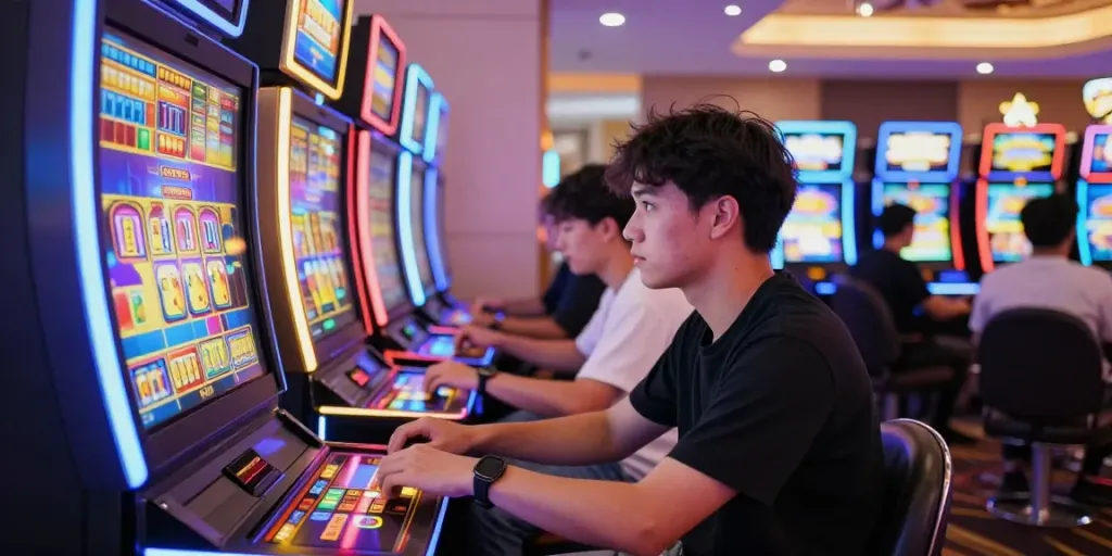 Exciting moment at rokok88 slot machine in a vibrant casino environment with players and neon lights.