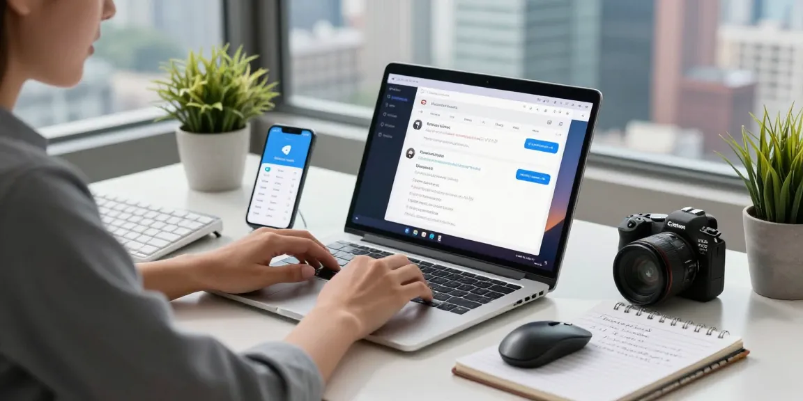 Telegram Download showcased on a modern laptop in a professional workspace, highlighting secure messaging features and digital communication.