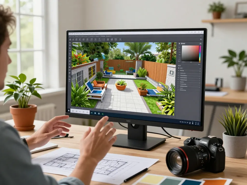 Using configuratore 3D outdoor software for vibrant garden design in a bright studio