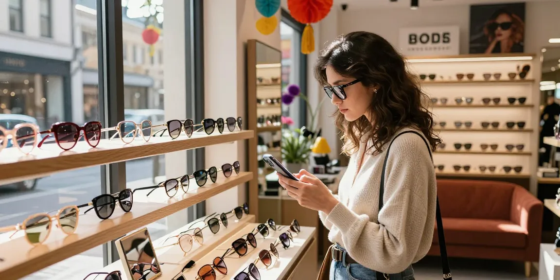 Modelo usando óculos de grau feminino, explorando uma boutique de óculos elegante.