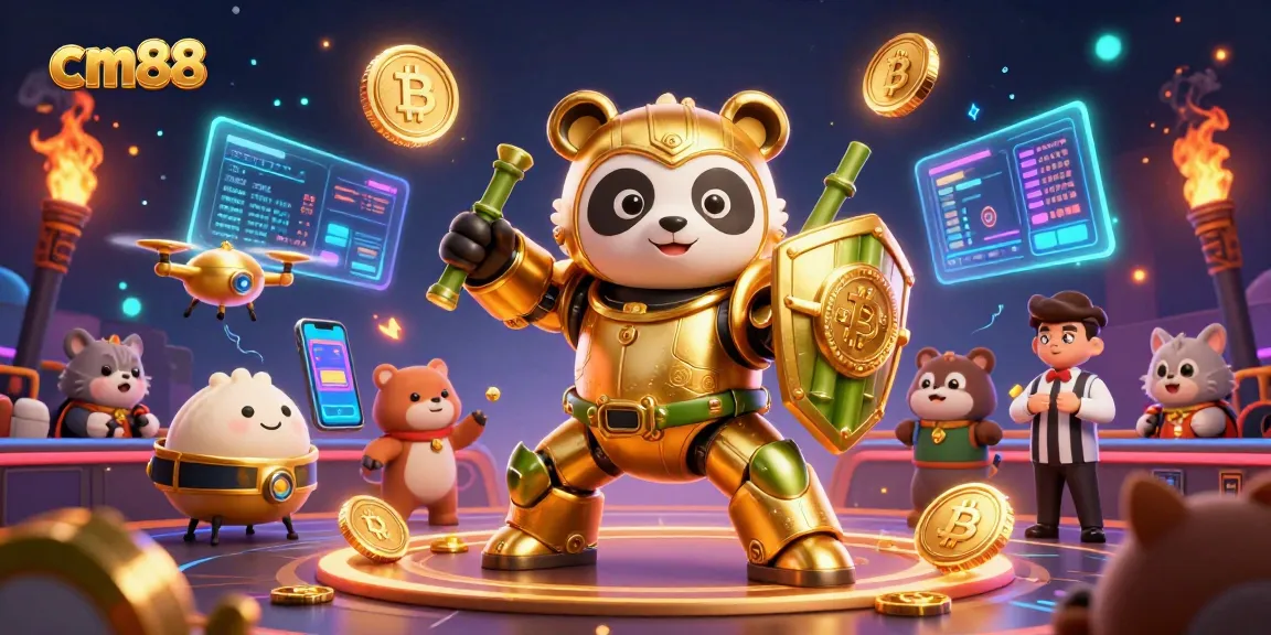 Experience the excitement of cm88 with a vibrant gaming scene featuring a golden panda and dynamic cryptocurrency elements.