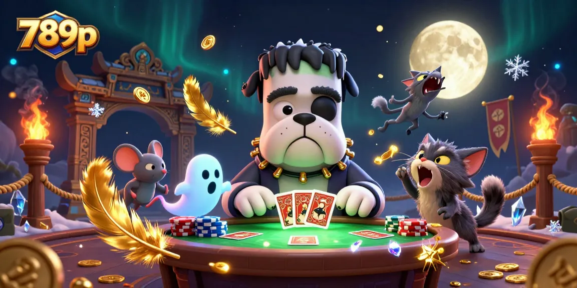 Engage in thrilling games at 789p featuring a spooky casino table and dynamic characters.
