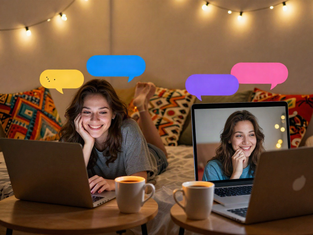Engaging sexting ai interaction between two individuals in a cozy setting.