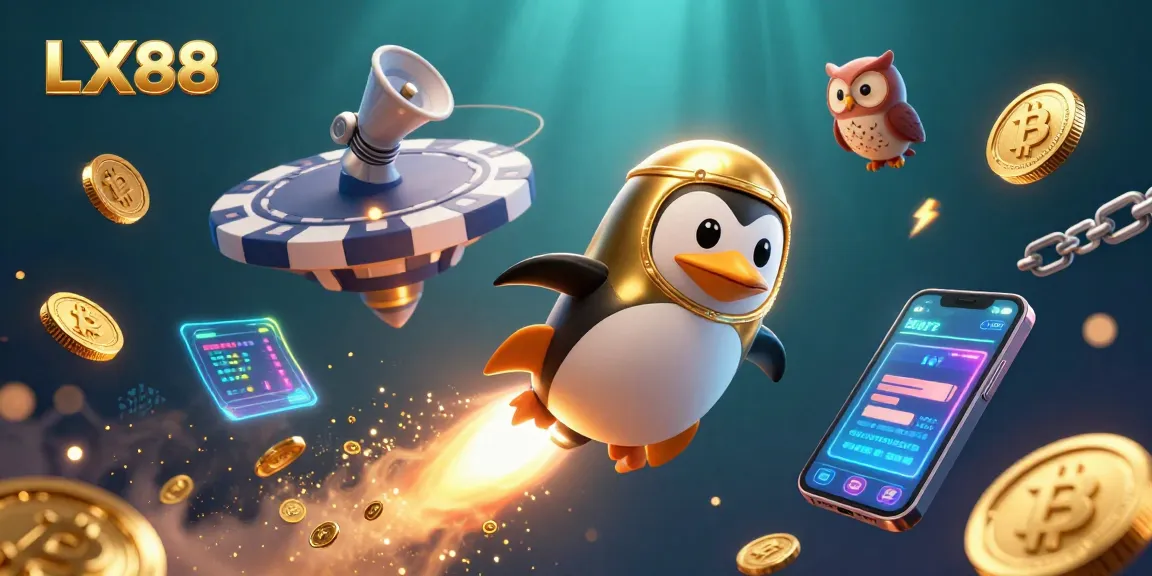 Join LX88's exciting gold rush with a golden penguin launching toward a vibrant casino in space.