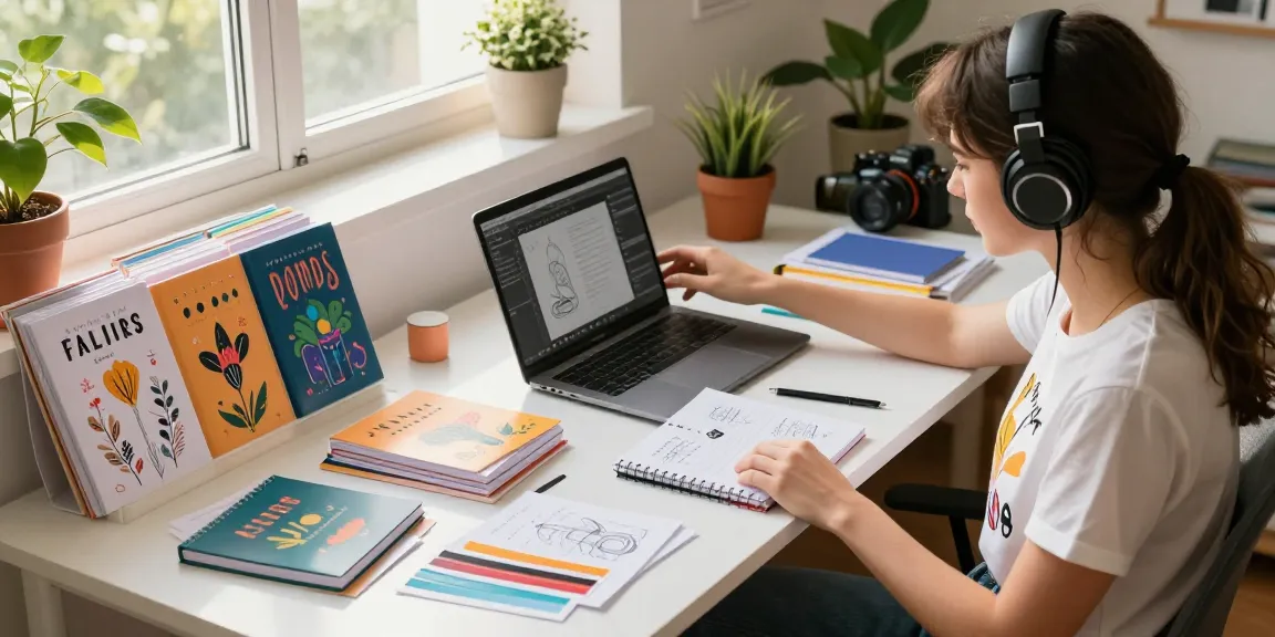 Designer creating custom printed notebooks at a vibrant workspace with colorful sketches and fresh prints.