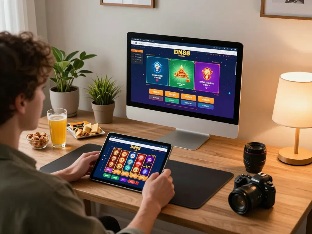 Engaging user interacting with DN88's casino app on tablet in a cozy home setting.