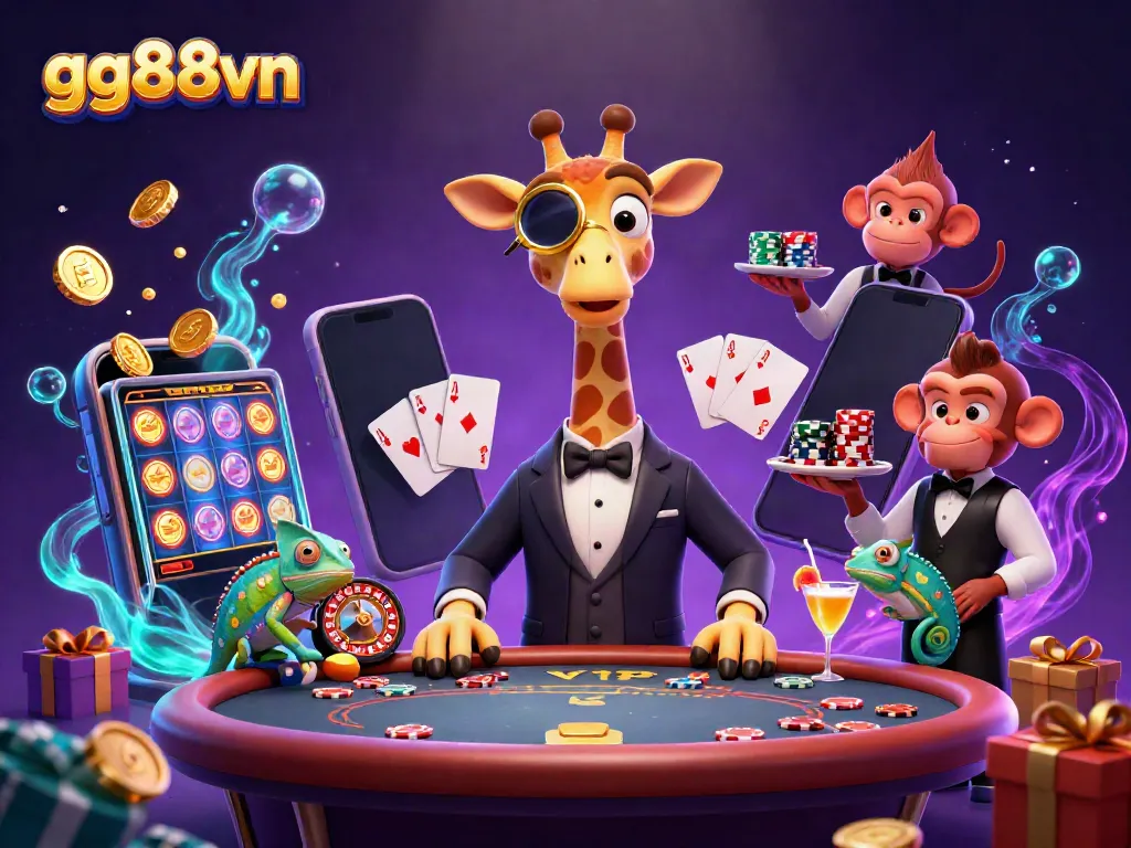 Experience the excitement of gg88vn with a high-roller giraffe and vibrant casino elements.