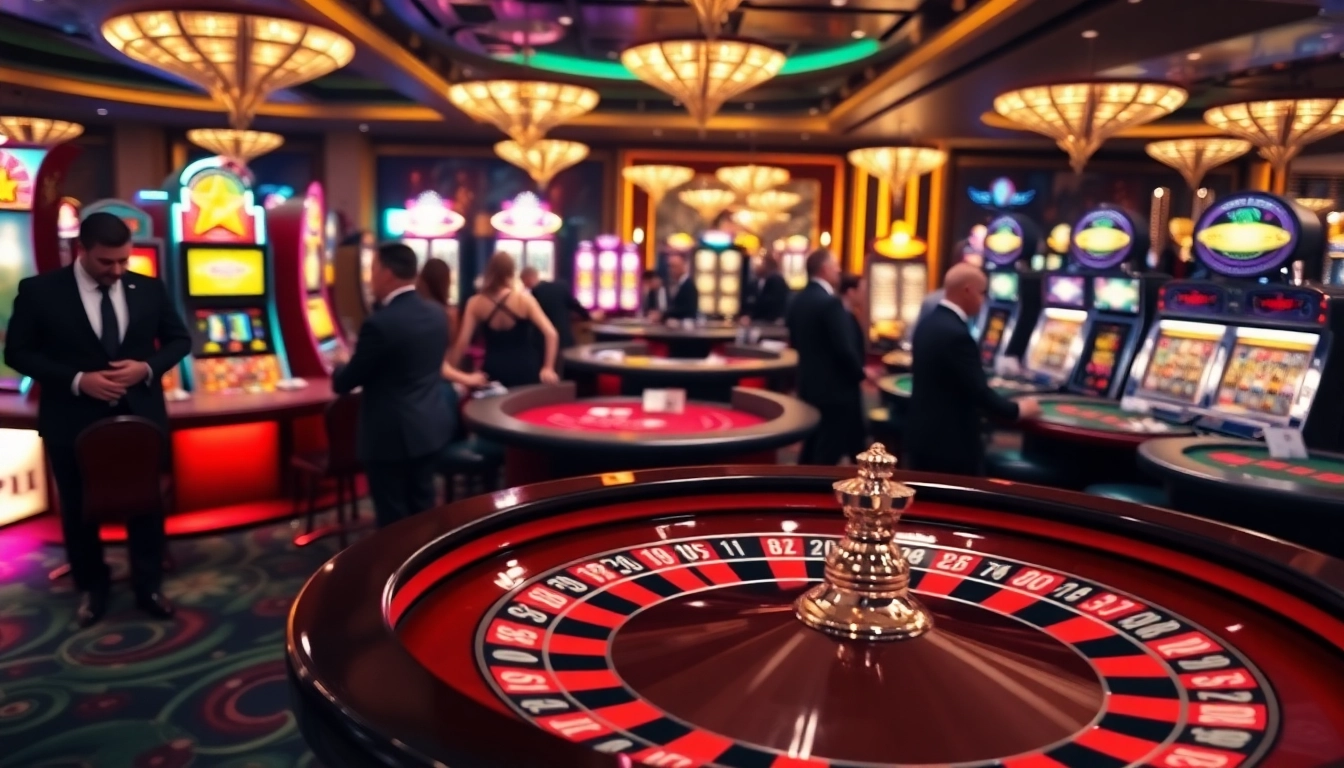 Excited players engaging with casino games at https://five88m.net/, featuring roulette and vibrant slot machines.