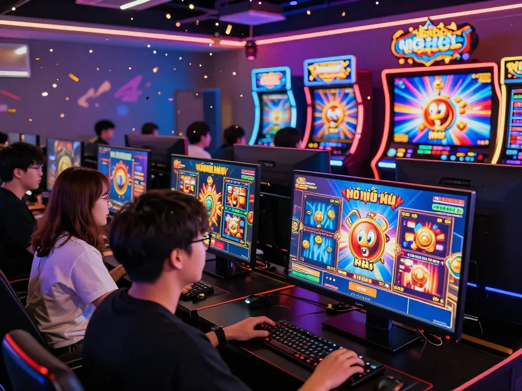 Players enjoying nổ hũ đổi thưởng in a vibrant online gaming atmosphere with colorful slot machines and festive elements.