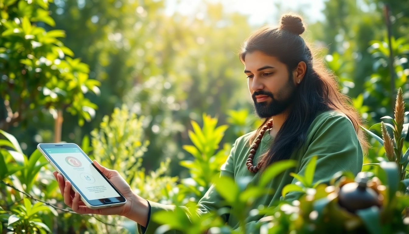 Engaging users with the Ayurveda Mobile App in a serene natural environment.