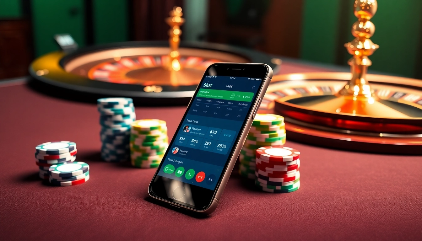 Engaging interface demonstrating tải app 8kbet on a smartphone surrounded by casino chips.