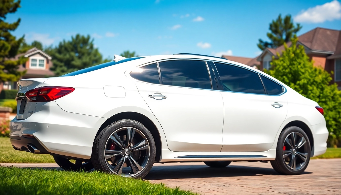 See the benefits of ceramic window tint on a sleek car in a sunny driveway.