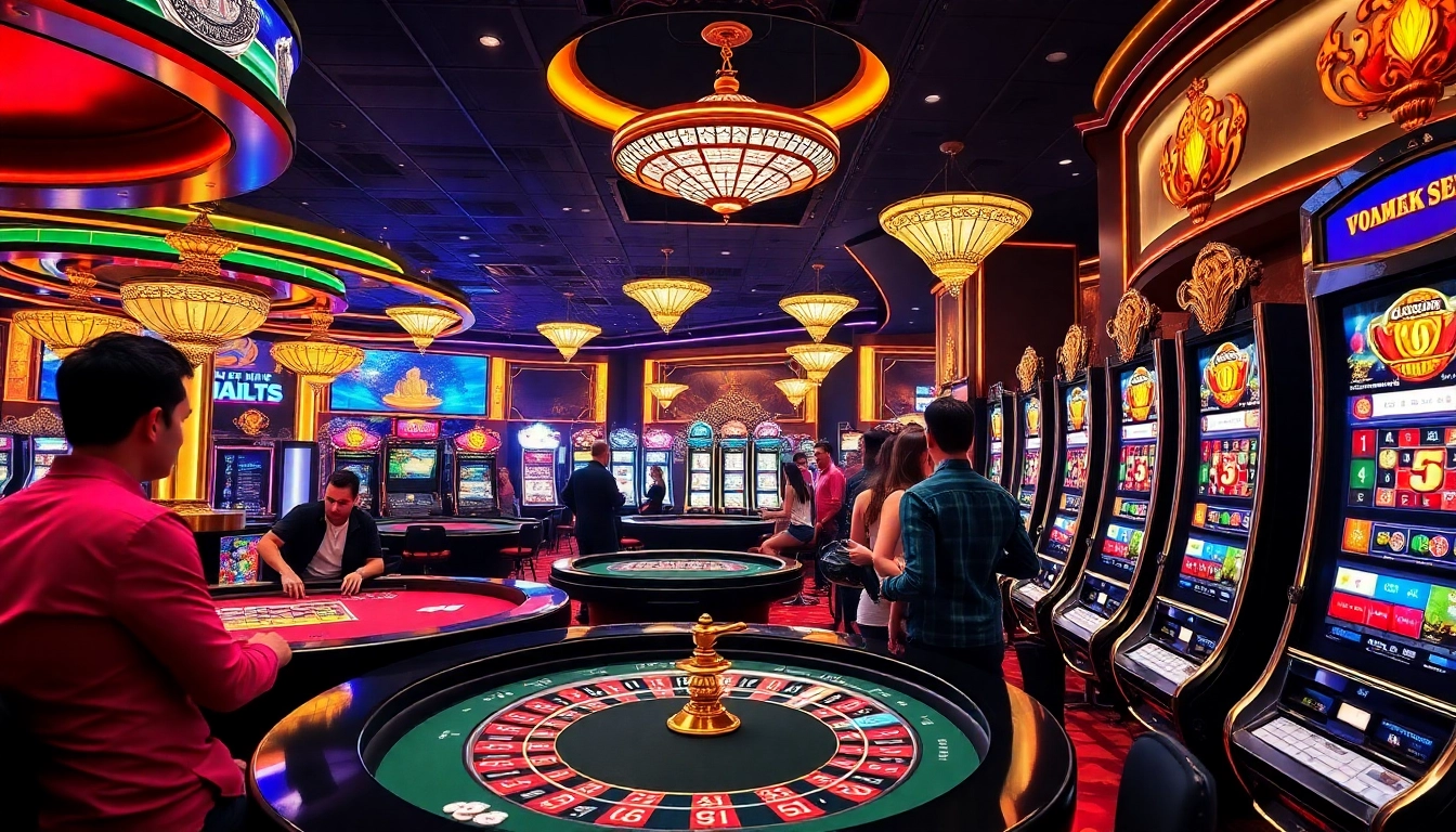 Casino excitement at https://one88h.com/ with players enjoying roulette and bright slot machines.