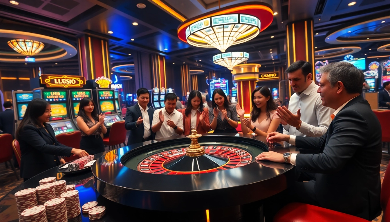 Players enjoying a vibrant gaming experience at UU88.company casino, featuring roulette, slots, and poker.