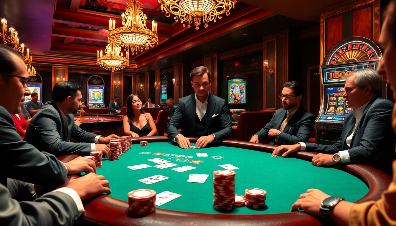 Engaged players at a high-stakes poker game at https://lu88n.com/ featuring vibrant chips and cards.
