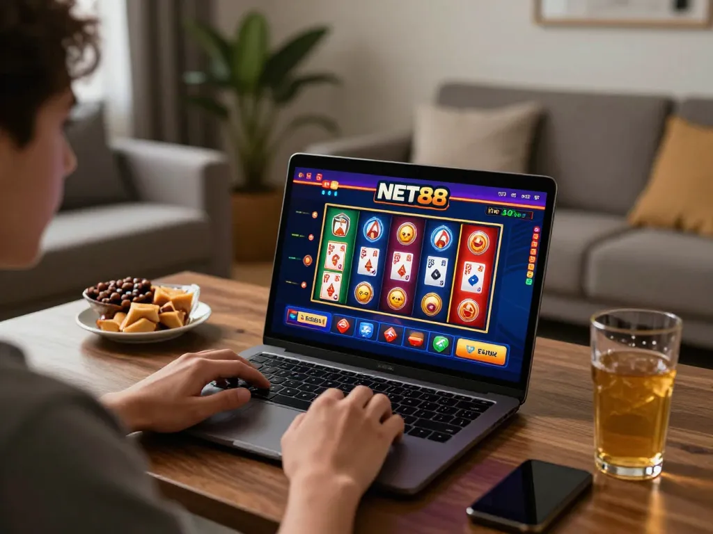 Player enjoying NET88 online gambling session at home with laptop showcasing casino games