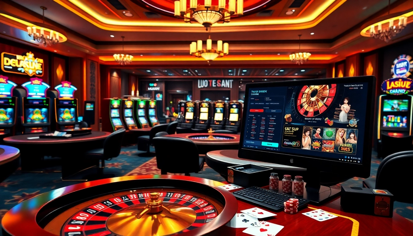 Experience excitement with link vào 789f in a luxurious casino atmosphere featuring gaming tables and online interfaces.