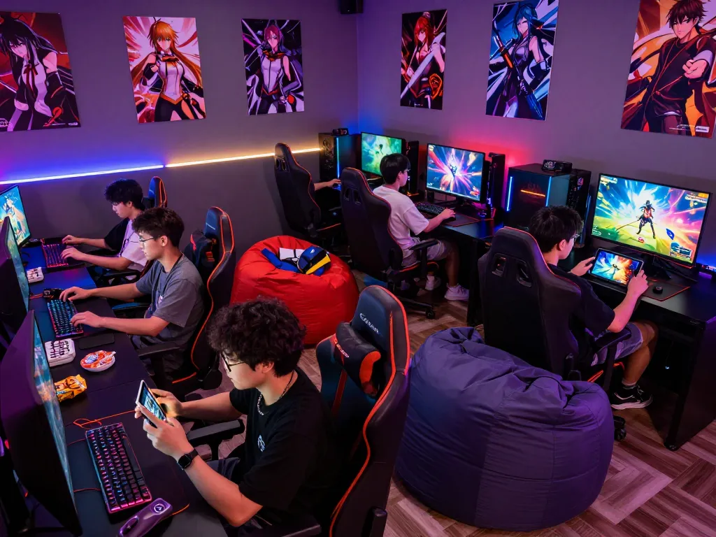Participants immersed in an engaging gaming session playing anime porn game with vibrant atmosphere.