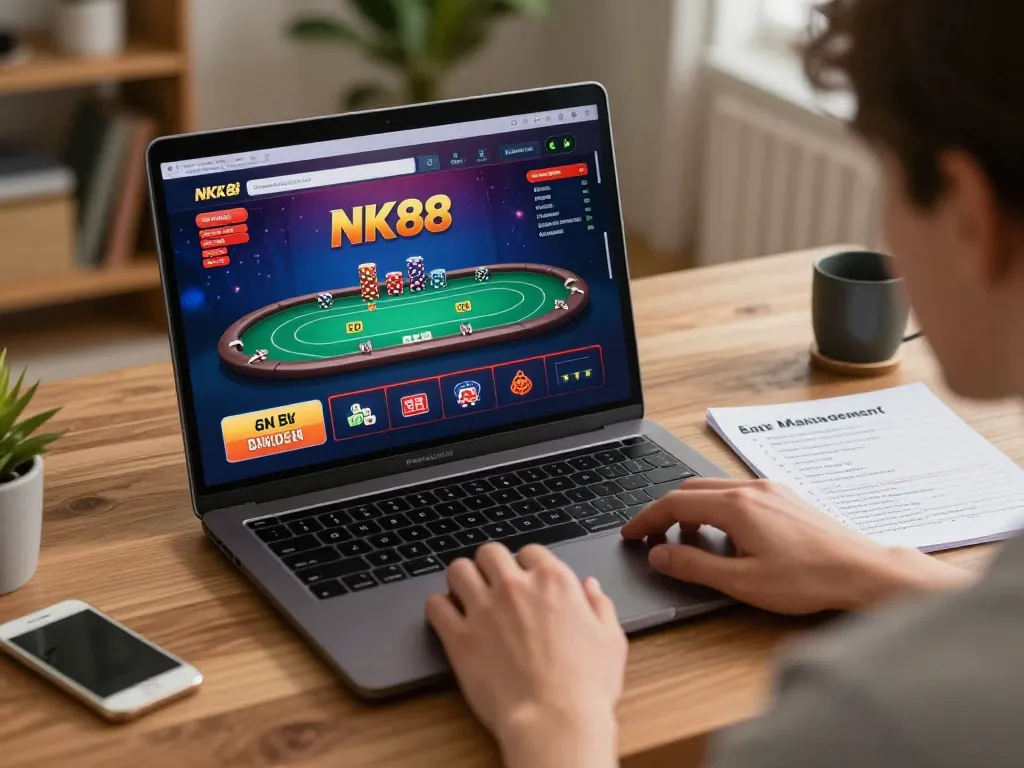 Engaged player at home exploring NK88 online poker game, highlighting strategic gameplay and responsible gambling practices