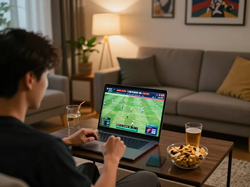 Experience live sports betting excitement with F8BET in a cozy home setting, showcasing the thrill of real-time wagers.