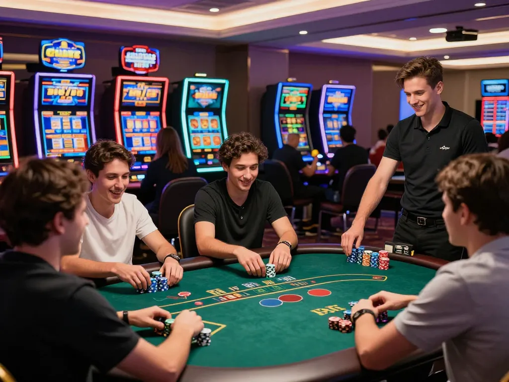 Excited players enjoying nohu 78 experiences at a modern casino, engaging in poker and interactive games.