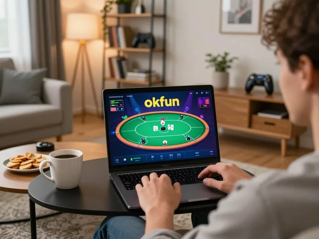 Playing the okfun app on a laptop in a cozy living room with snacks and gaming decor.