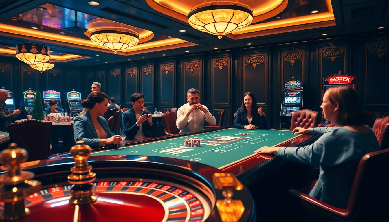 Players enjoying a thrilling poker game at 39BET casino, vibrant and engaging atmosphere.