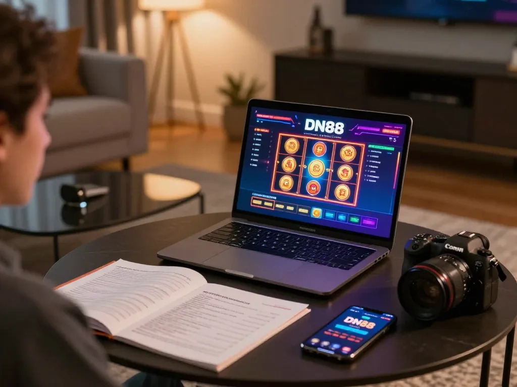 Engaged user playing DN88 online slots on a laptop in a cozy living room, showcasing strategy app