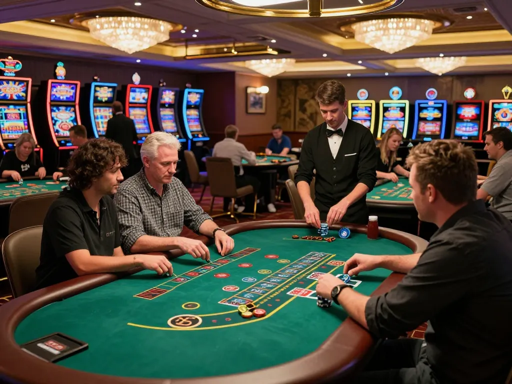 tr88 players strategizing at blackjack tables in a vibrant casino environment