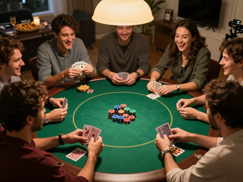 Engaging friends in a poker game at home, showcasing the lc88app experience with vibrant chips and cards.