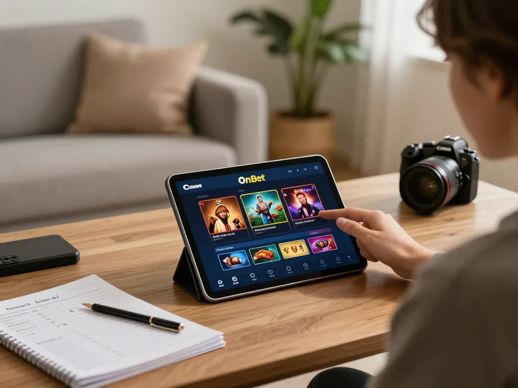 Engaging with OnBet casino app on a tablet, showcasing online gaming experience with warm atmosphere