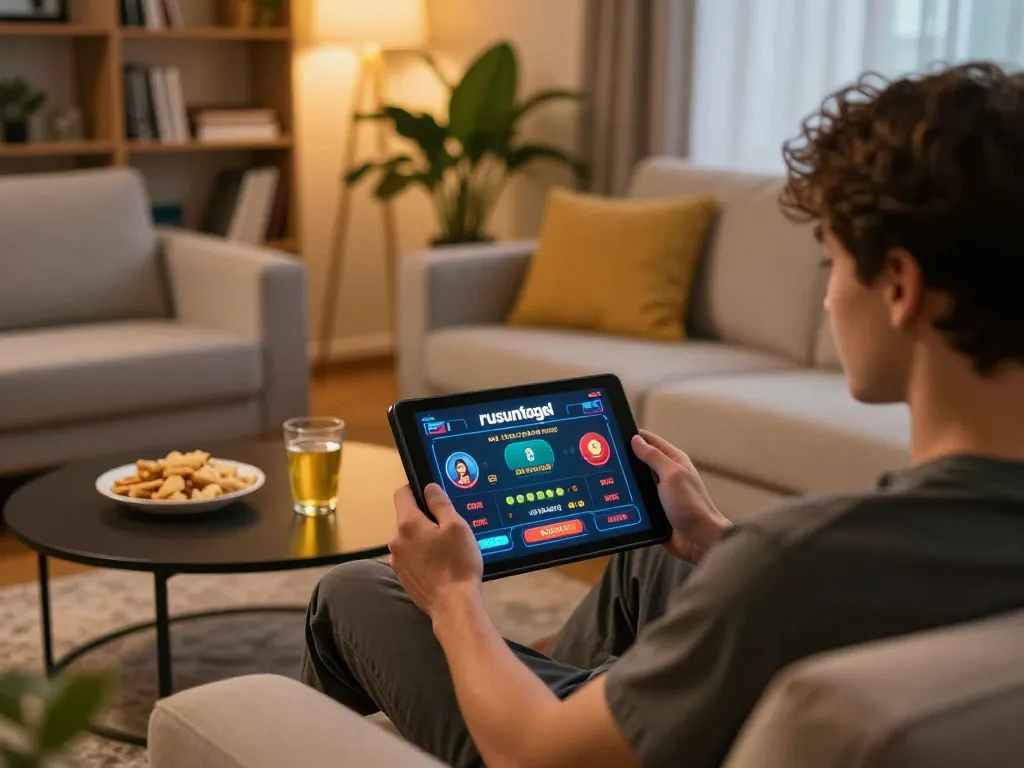 Player enjoying rusuntogel online gaming on tablet in a cozy home setting with snacks.