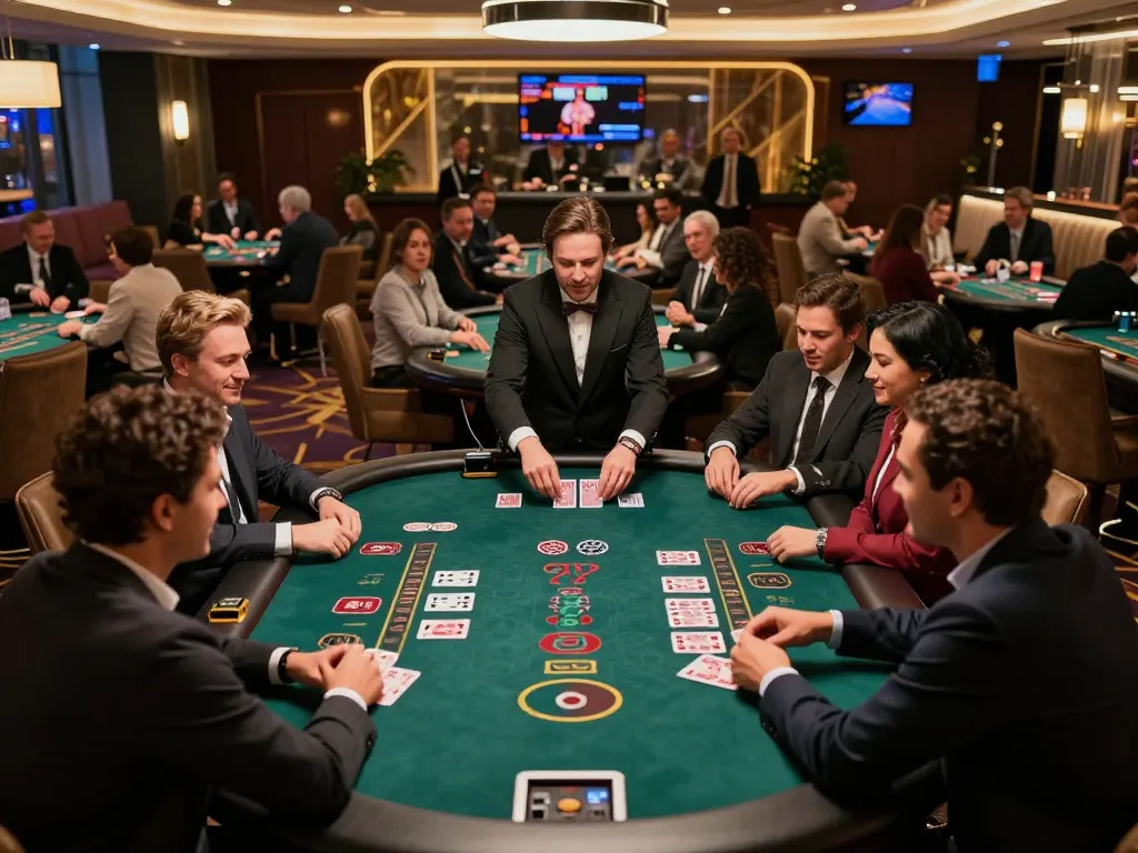 SIN88 blackjack players strategizing at an upscale casino table during a thrilling game night.