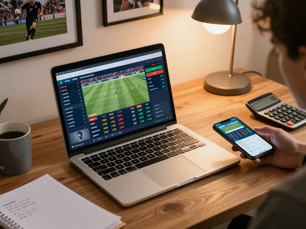 MAY88 user studying odds on a laptop while betting on sports in a cozy home environment.