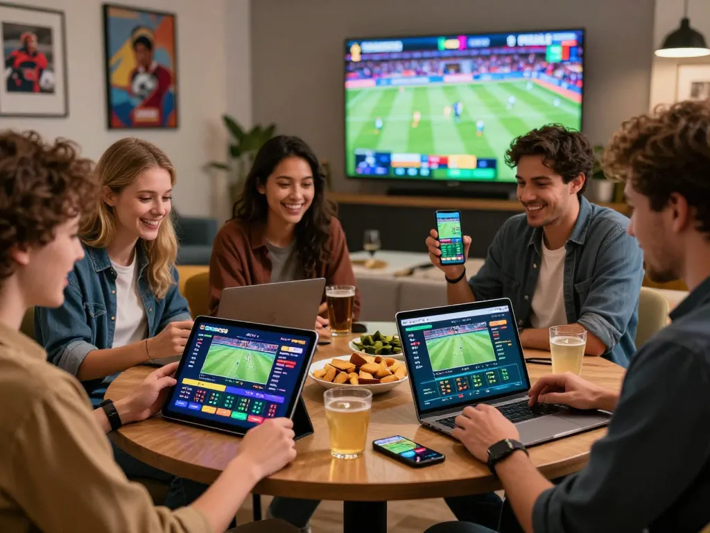 Engaged group enjoying SBOBET88 online betting experience with devices and snacks.