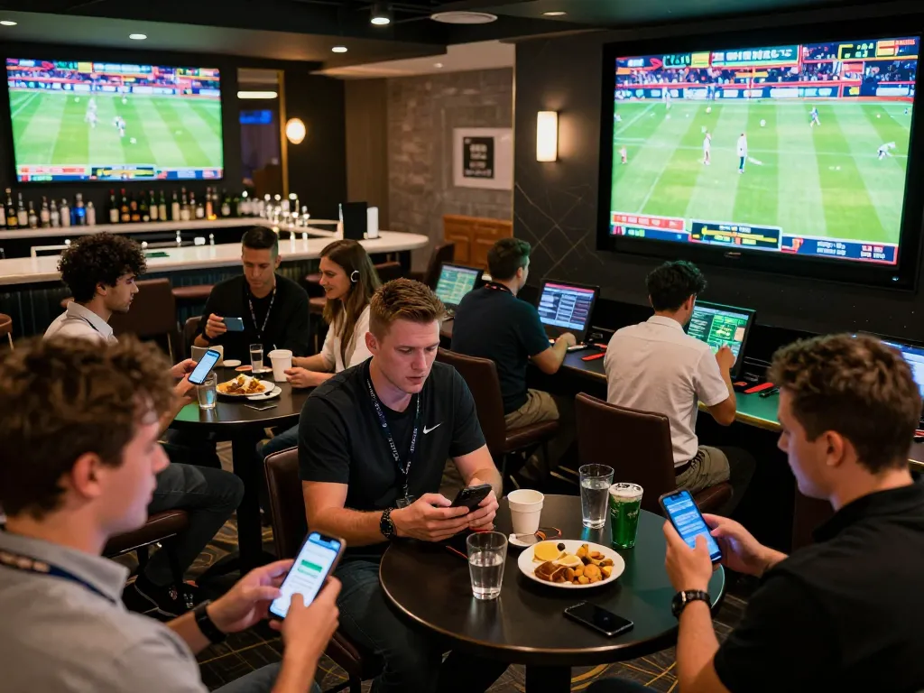 Fans actively engaging in sports betting at Bsport, using apps and discussing strategies during live events