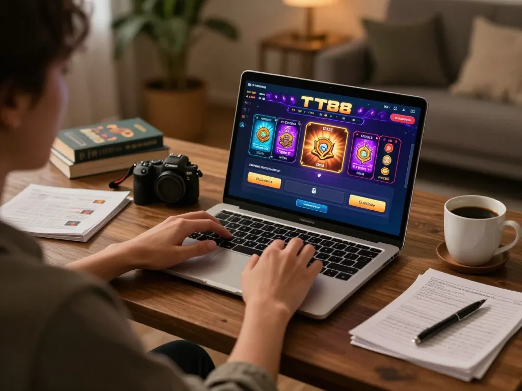 Person engaging with TT88 online casino on a laptop, showcasing vibrant game graphics and strategy notes.