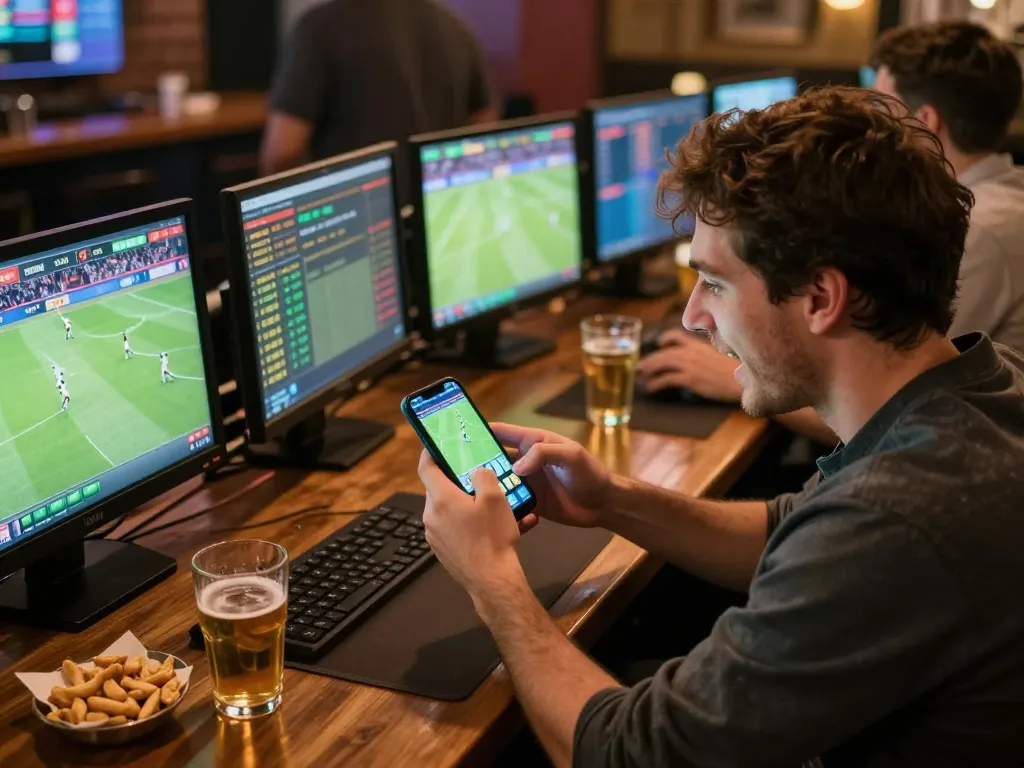 Tỷ lệ kèo nhà cái hôm nay being analyzed by a sports bettor excitedly using their smartphone in a vibrant sports bar
