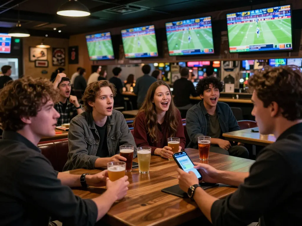 Engaged sports fans placing bets with smartphones while watching live games, focusing on soi keo nha cai strategies in action