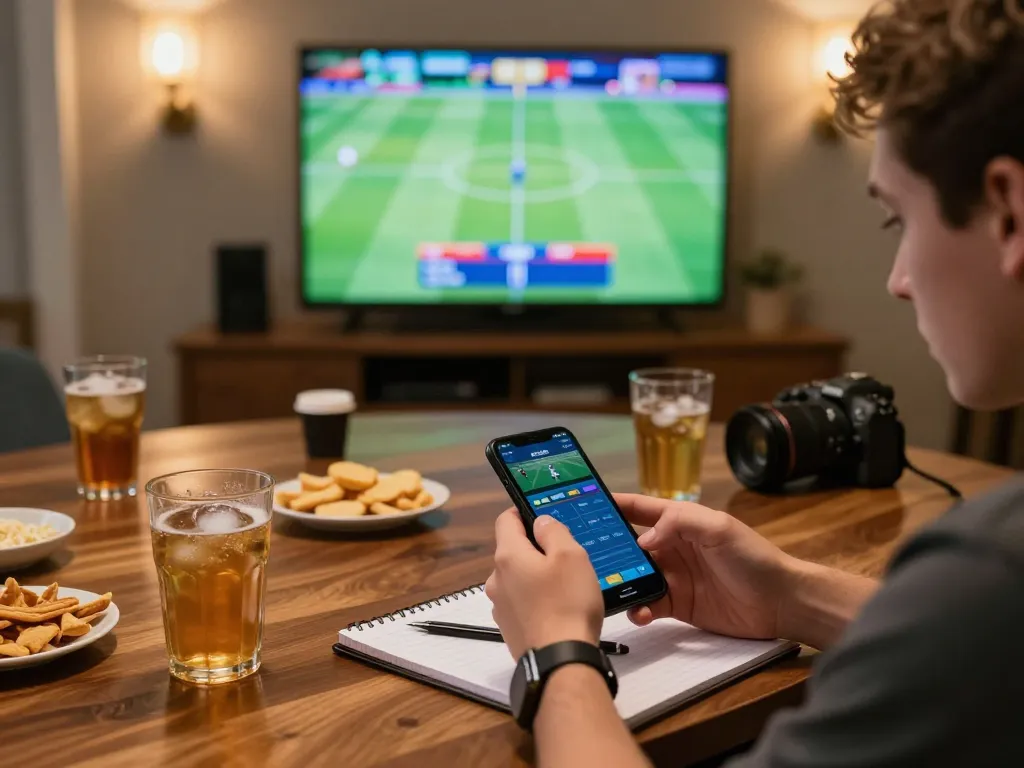 Person engaging in sports betting on 8live app while watching live match, showcasing excitement and strategic gameplay