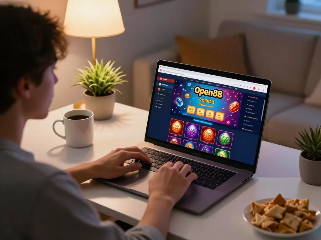 Engaging in open88 online casino gaming on a laptop, showcasing colorful graphics and personal gaming space.