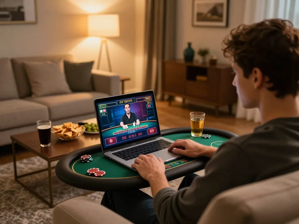 Engaging in online blackjack gaming at home through LC88 platform, reflecting excitement and responsibility.