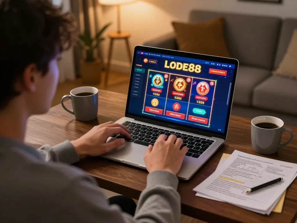 Engaged player strategizing on Lode88 online casino platform at home with organized notes.