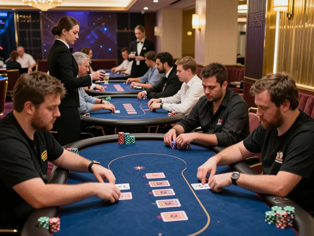 Engaged players at FIVE88 casino during dynamic poker gameplay, showcasing strategic betting.