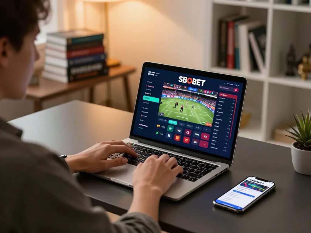 Pemain berinteraksi dengan platform taruhan daring SBOBET dari pengaturan kantor rumah yang bergaya.