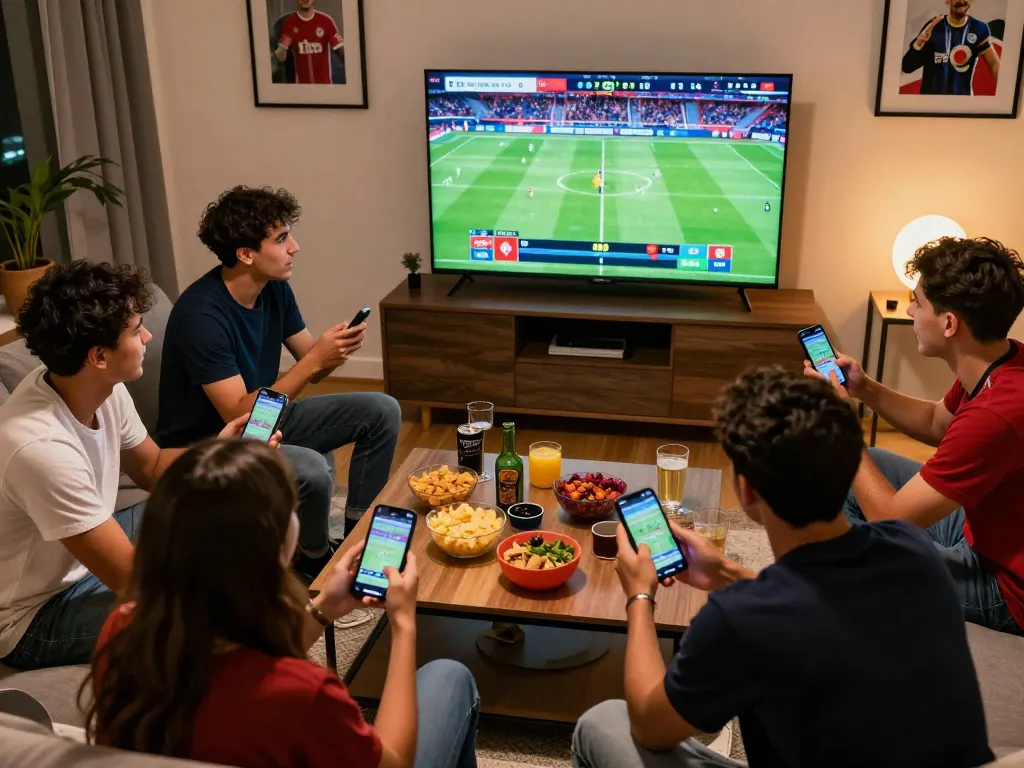 Friends engaging in exciting sports betting at home while watching GO8 Bundesliga match.