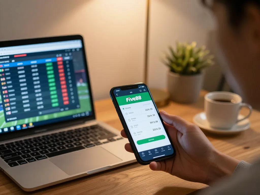 Engaging in live betting through the five88 app on smartphone, surrounded by sports-focused elements