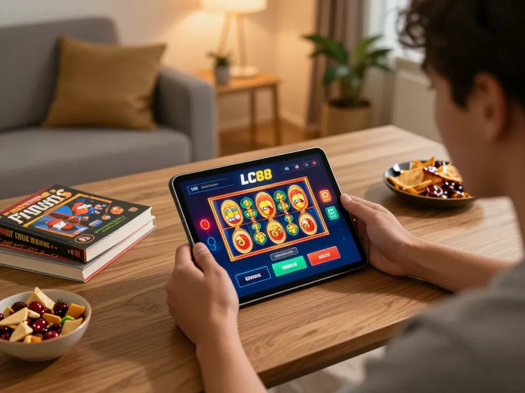 Player enjoying lc88 online gaming experience on tablet with slots and strategy notes.