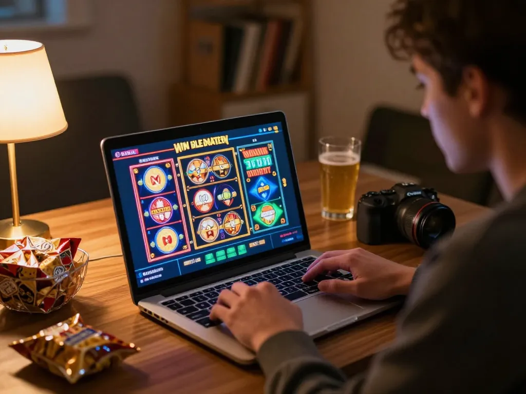 Player engaging in online gambling at home, highlighting sunwingo gaming interface on laptop.